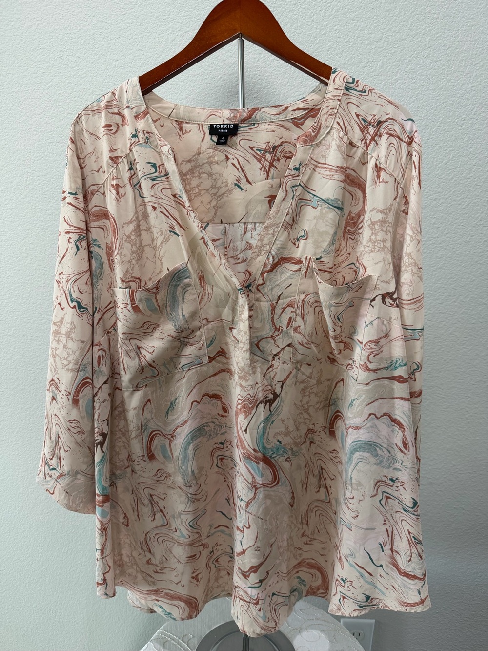 torrid Cream Marble-Print V-Neck Blouse with Teal & Rust Accents